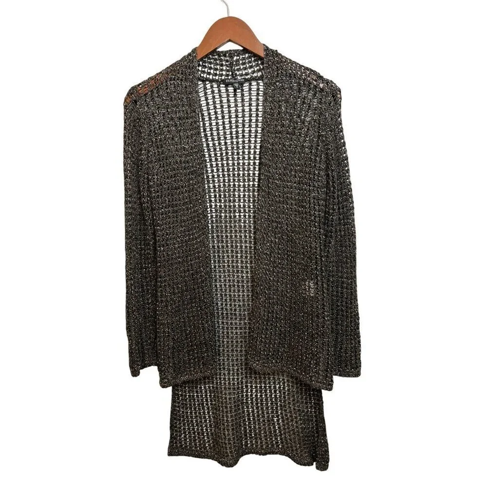 Eileen Fisher Open Knit Metallic Cardigan Sweater Duster Lightweight Long Sleeve